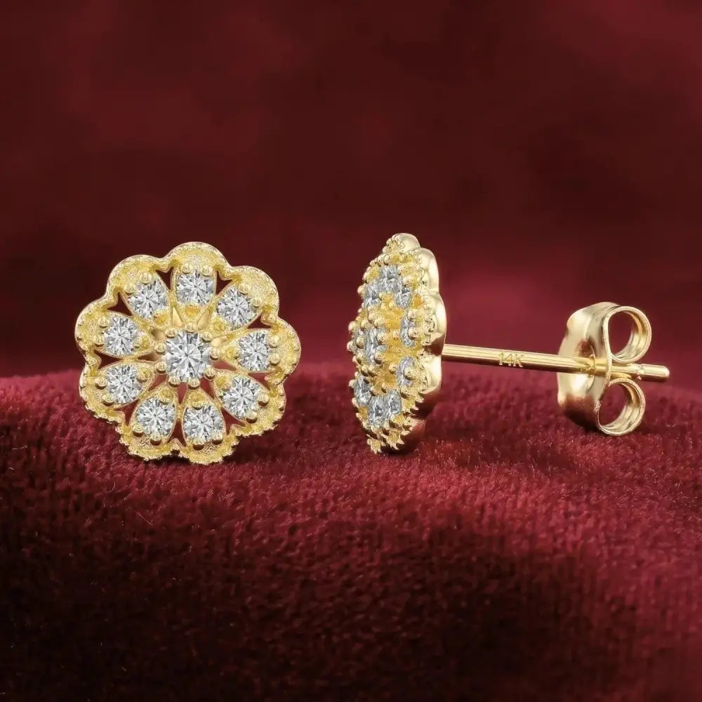 Stunning 14K Gold Lab Diamond Flower Halo Stud Earrings - 0.18Ctw with Secure Pushbacks.