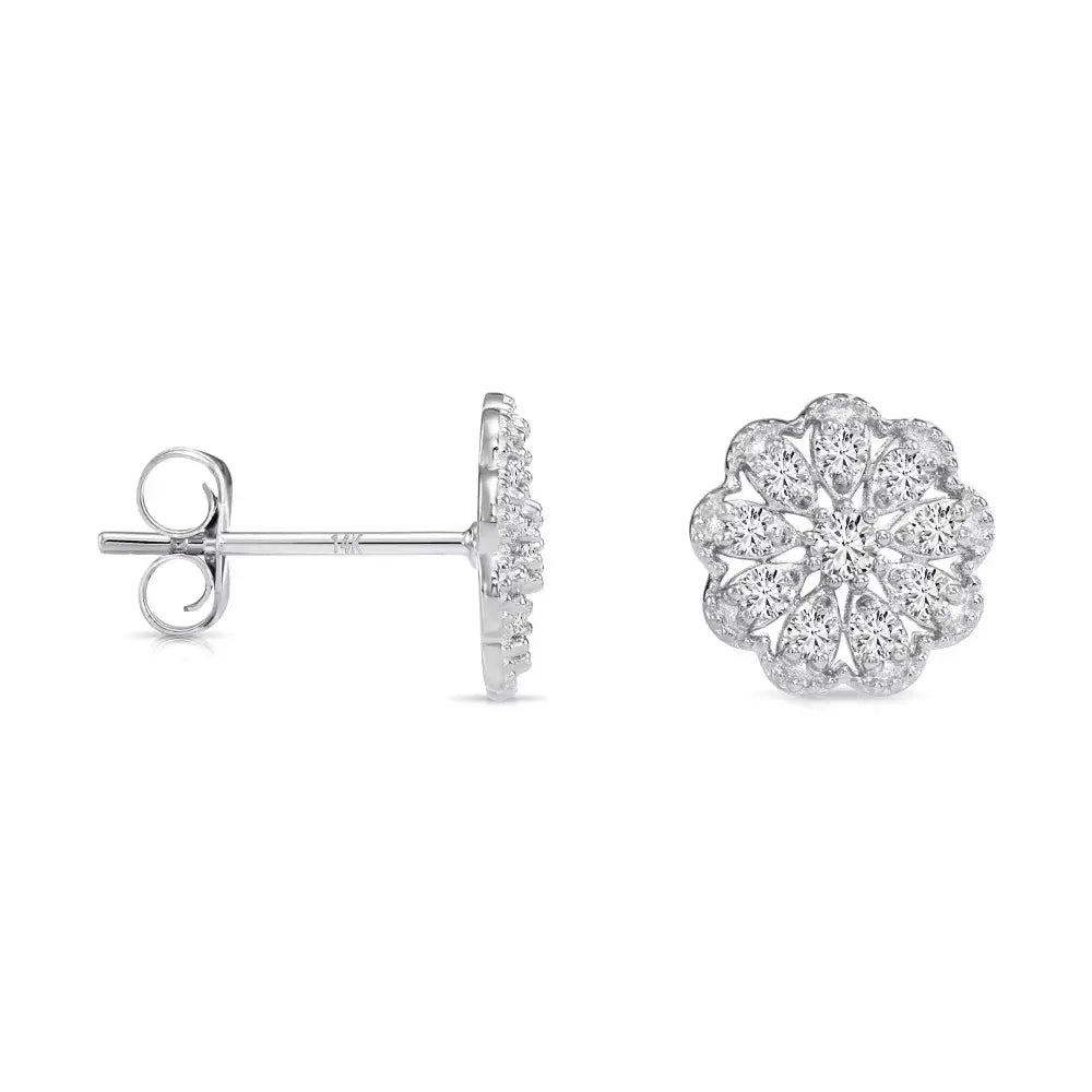 Stunning 14K Gold Lab Diamond Flower Halo Stud Earrings - 0.18Ctw with Secure Pushbacks.