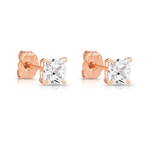 Stunning 14K Rose Gold Princess-Cut CZ Square Stud Earrings - 4mm with Secure Push-Backs.