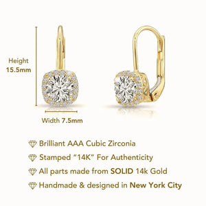 Stunning 14K Solid Gold Halo Cushion Drop Dangle Earrings with Secure Lever-Backs.