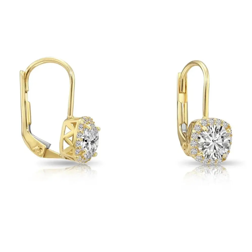 Stunning 14K Solid Gold Halo Cushion Drop Dangle Earrings with Secure Lever-Backs.