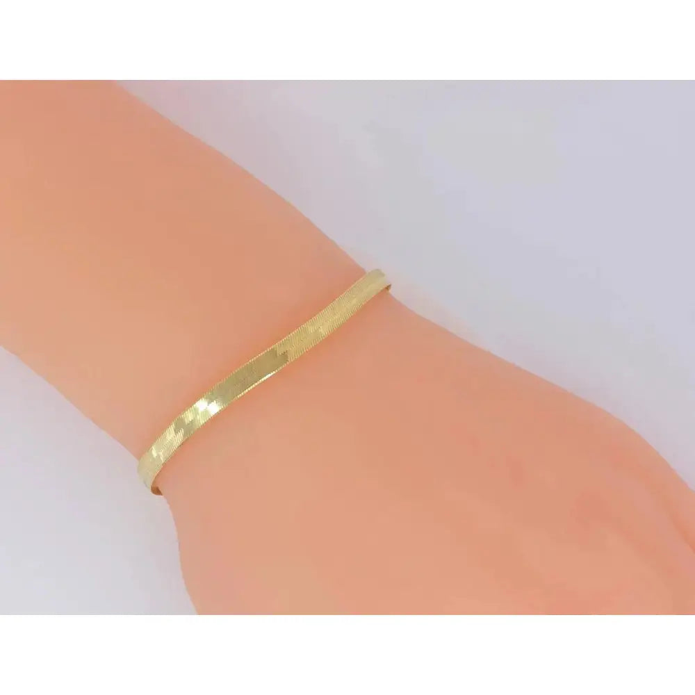Stunning 14K Solid Gold Herringbone Bracelet - Stylish Flat Liquid Link Chain, Adjustable 6.5-9 Inch Stackable Design.