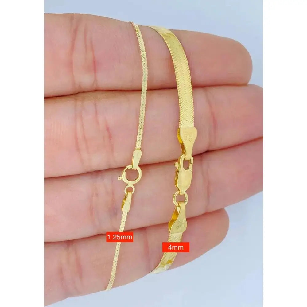 Stunning 14K Solid Gold Herringbone Bracelet - Stylish Flat Liquid Link Chain, Adjustable 6.5-9 Inch Stackable Design.