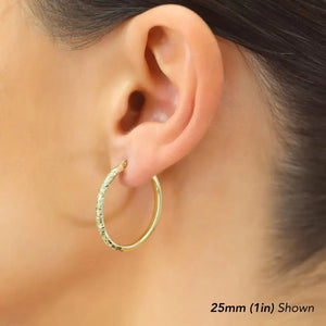 Stunning 14K Solid Gold Oval Hand-Engraved Tornado Pattern Diamond Cut Hoop Earrings