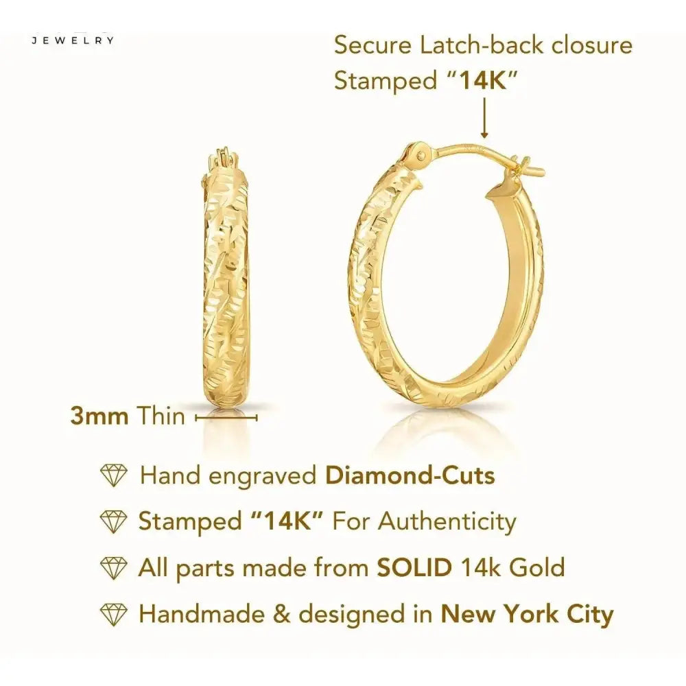 Stunning 14K Solid Gold Oval Hand-Engraved Tornado Pattern Diamond Cut Hoop Earrings