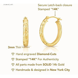 Stunning 14K Solid Gold Oval Hand-Engraved Tornado Pattern Diamond Cut Hoop Earrings