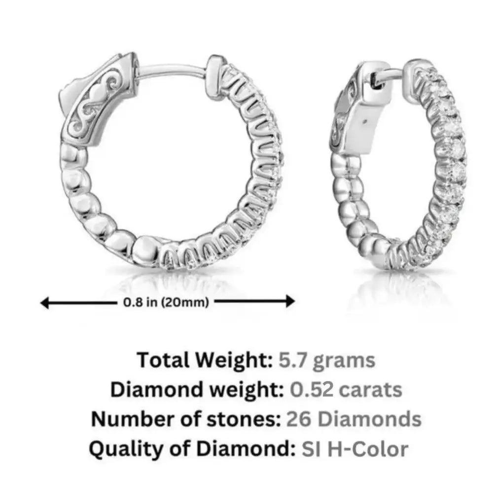 Stunning 14K Solid White Gold Half Eternity Huggie Hoop Earrings with 0.52 CTW Real Diamonds