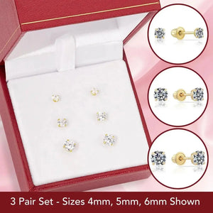 Stunning 14K Solid Yellow Gold CZ Stud Earrings Set - 3 Pairs of Round Screw Back Sleeper Earrings by TILO Jewelry.