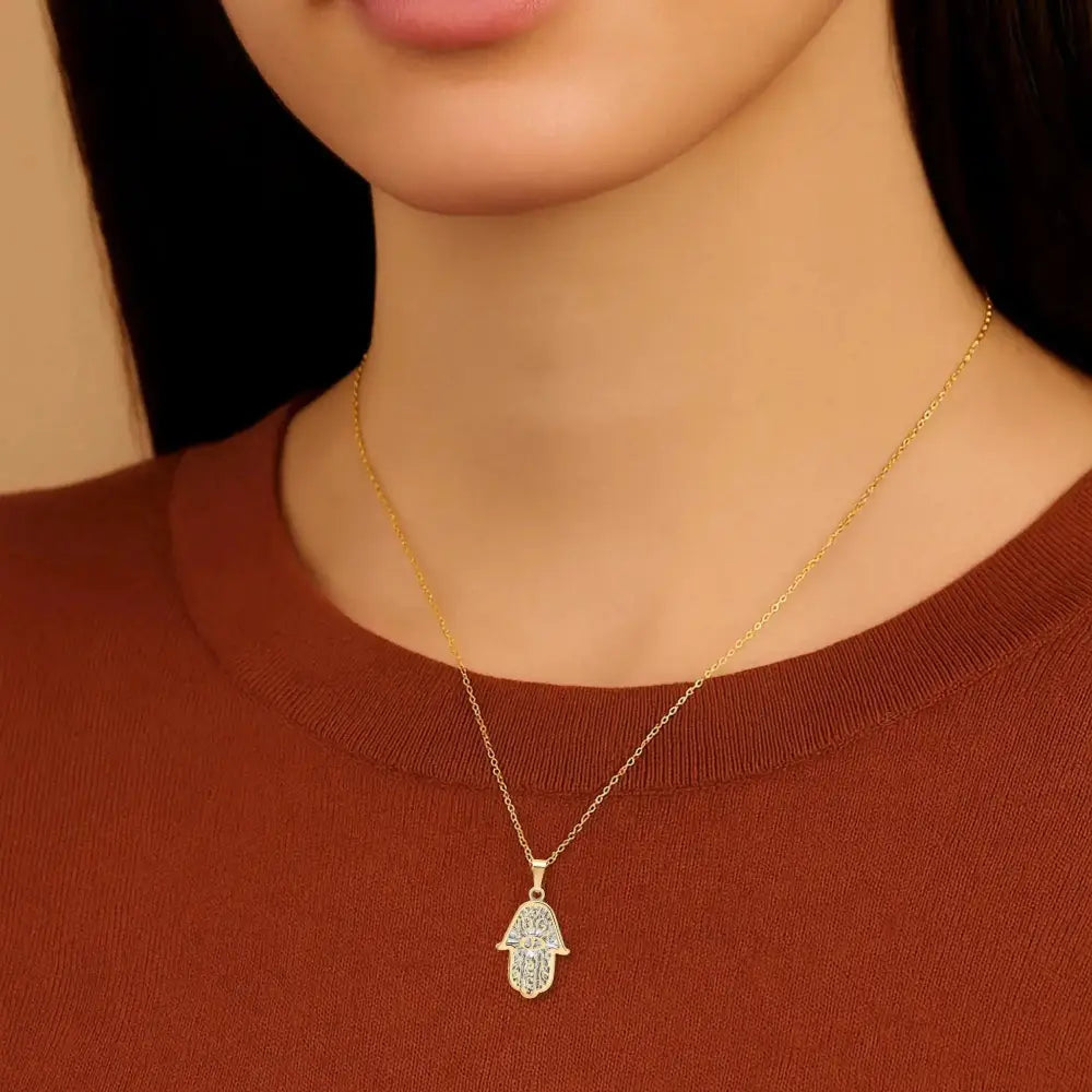 Stunning 14K Two-Tone Gold Hamsa Pendant Necklace with 18" Cable Chain.