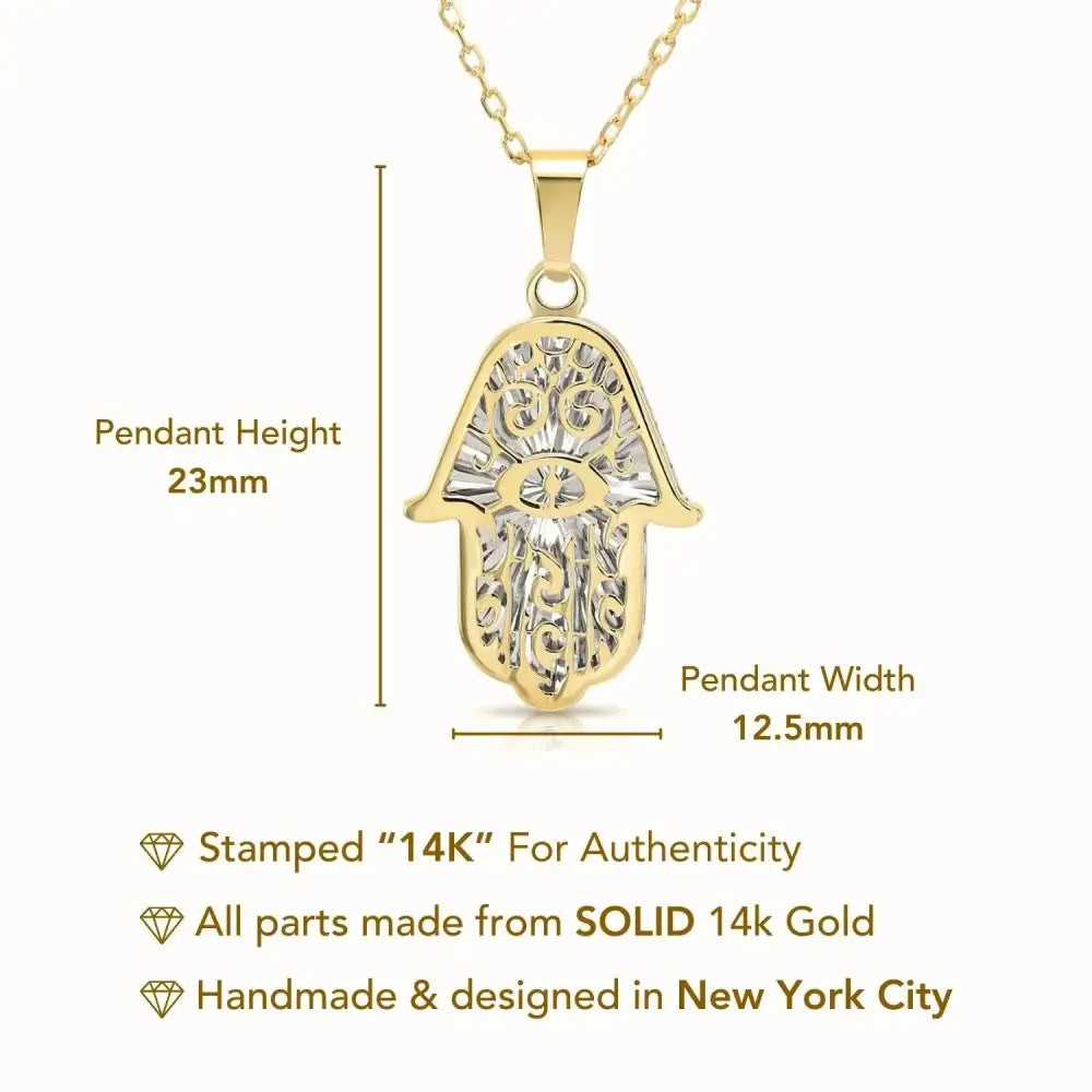 Stunning 14K Two-Tone Gold Hamsa Pendant Necklace with 18" Cable Chain.