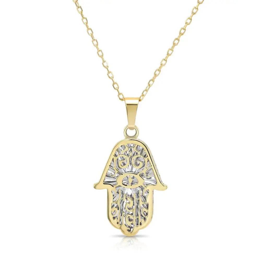 Stunning 14K Two-Tone Gold Hamsa Pendant Necklace with 18" Cable Chain.