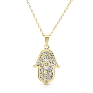 Stunning 14K Two-Tone Gold Hamsa Pendant Necklace with 18" Cable Chain.