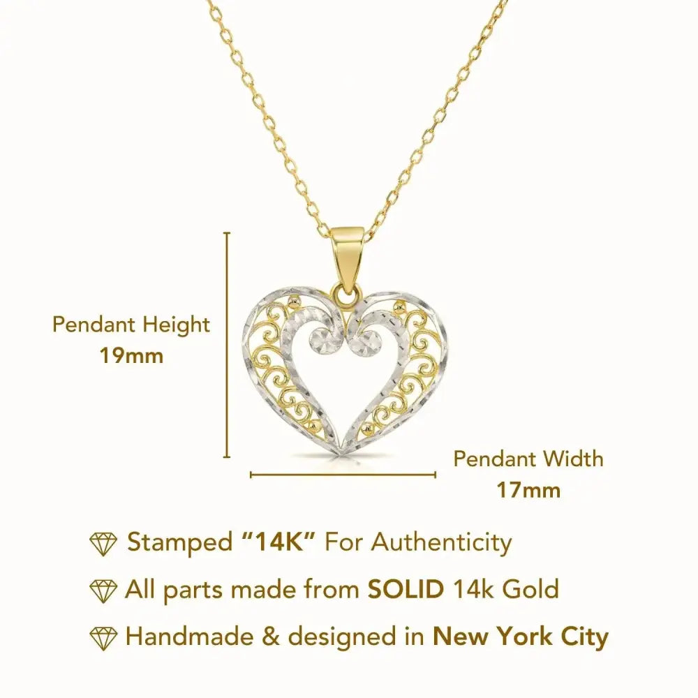 Stunning 14K Two-Tone Gold Heart Pendant Necklace with 18" Cable Chain.