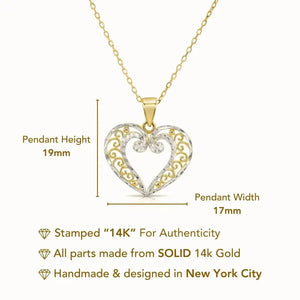 Stunning 14K Two-Tone Gold Heart Pendant Necklace with 18" Cable Chain.