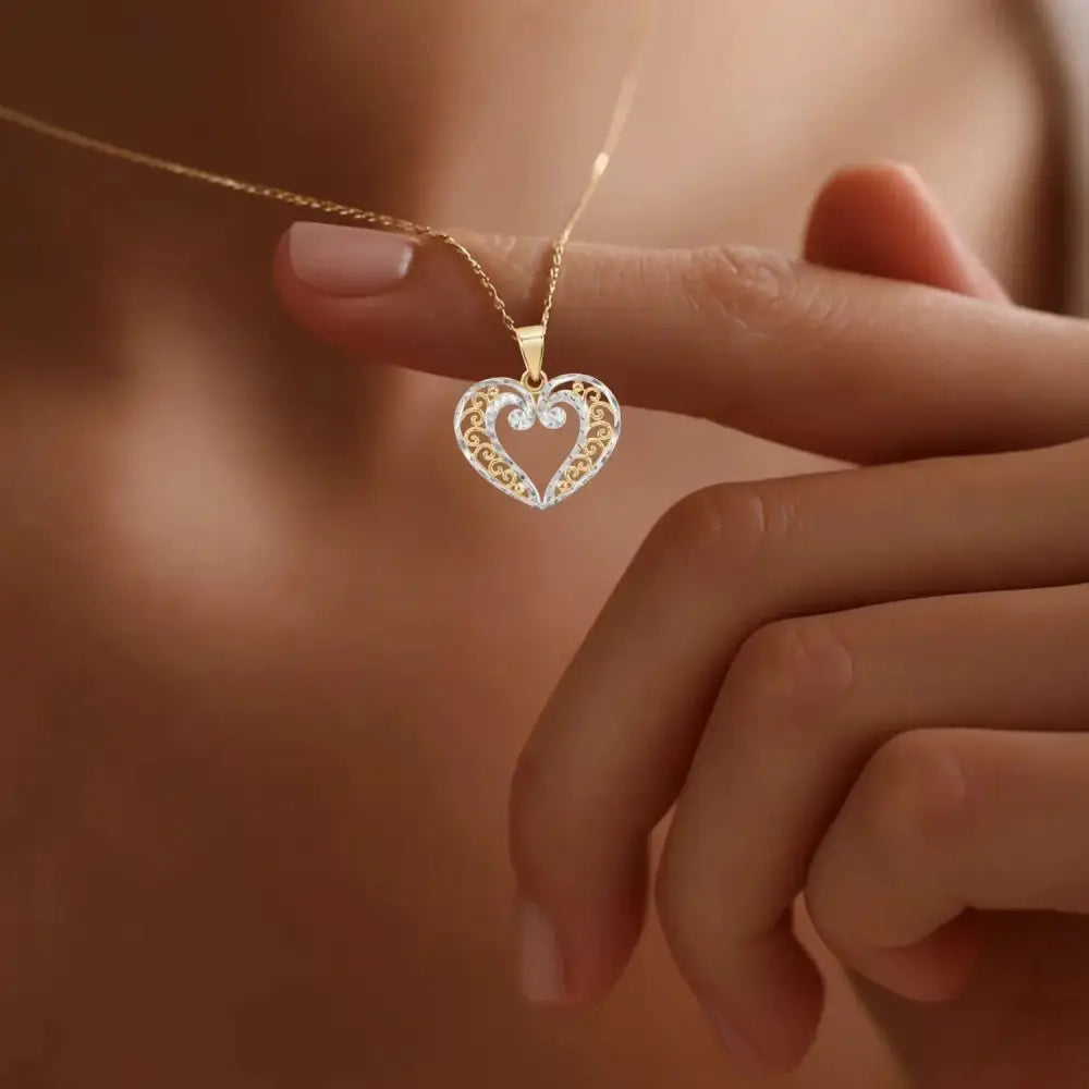 Stunning 14K Two-Tone Gold Heart Pendant Necklace with 18" Cable Chain.