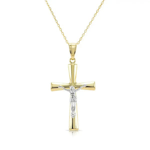 Stunning 14K Two-Tone Gold Jesus Crucifix Pendant Necklace with 18" Cable Chain.