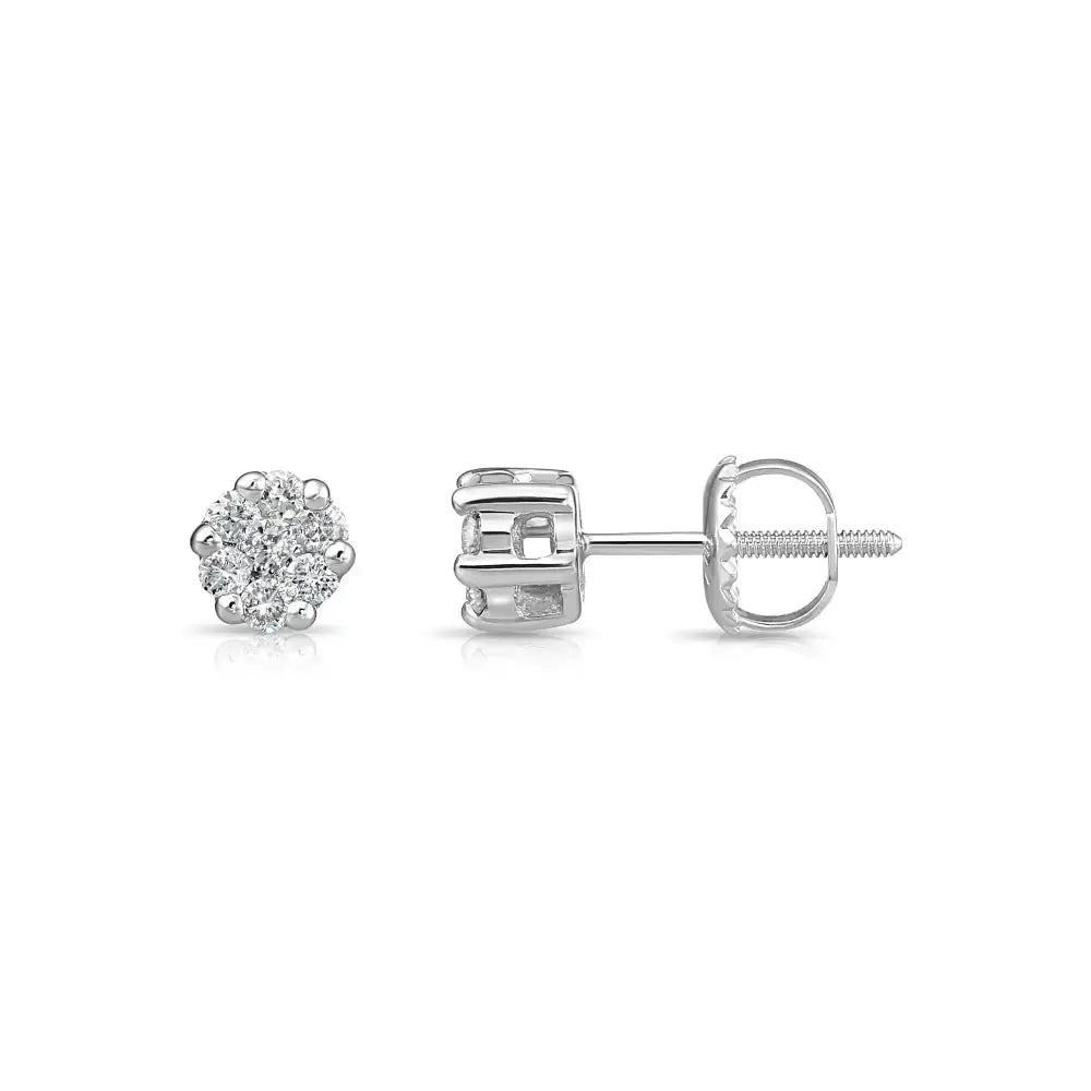 Stunning 14K White Gold 0.25 Carat Diamond Cluster Screw-Back Stud Earrings.