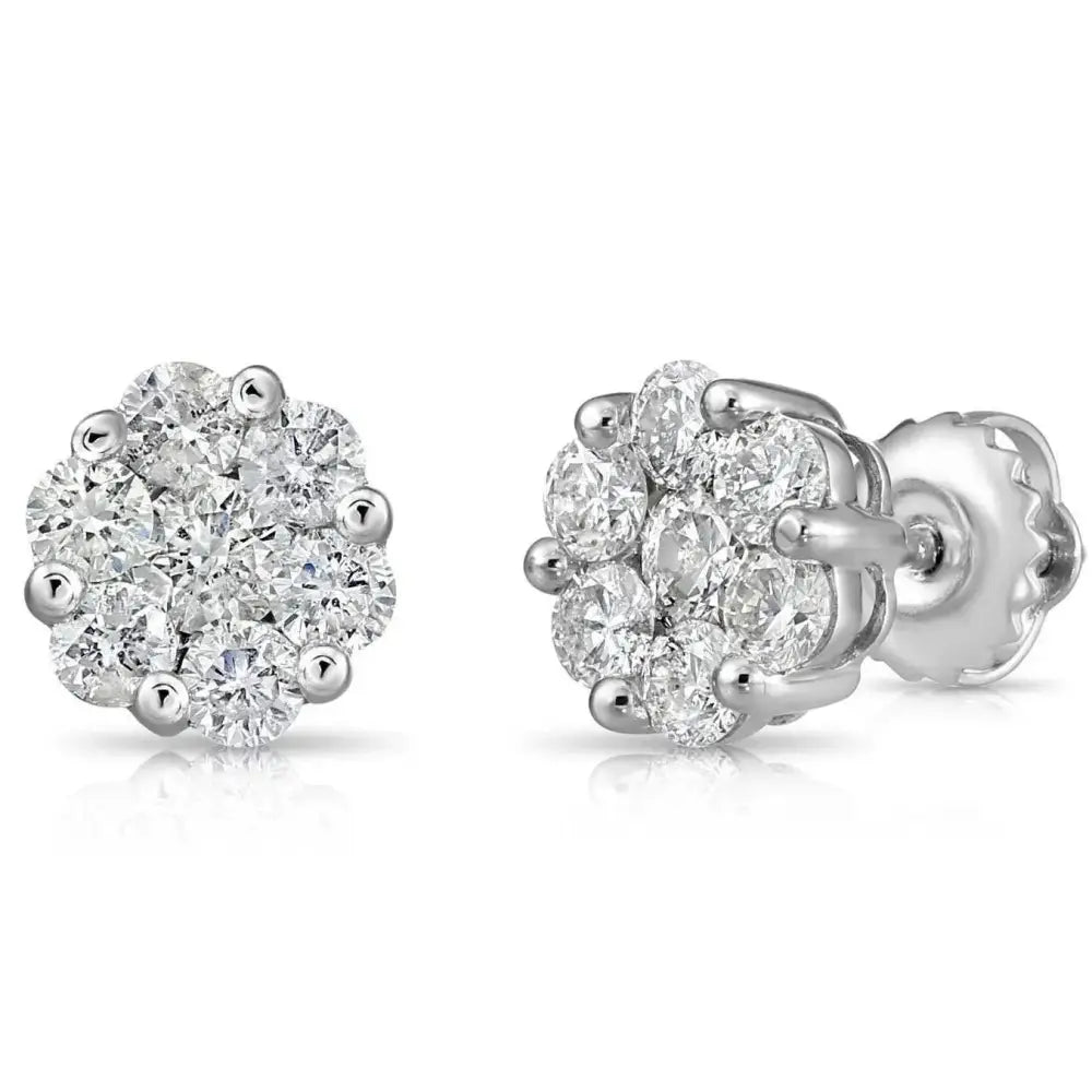 Stunning 14K White Gold Diamond Cluster Unisex Stud Earrings with Secure Screw Backs.