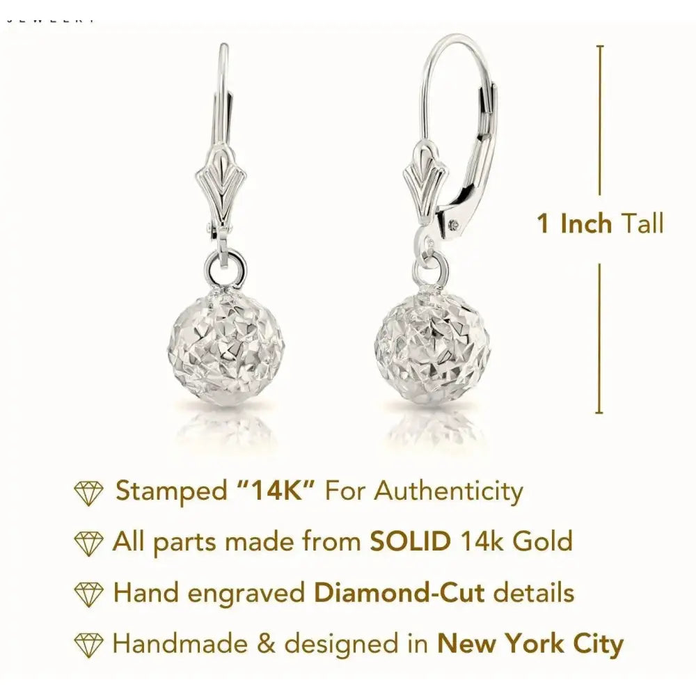 Stunning 14K White Gold Hand Engraved Diamond-Cut Round Ball Dangle Earrings with Secure French Leverbacks