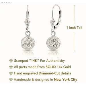 Stunning 14K White Gold Hand Engraved Diamond-Cut Round Ball Dangle Earrings with Secure French Leverbacks