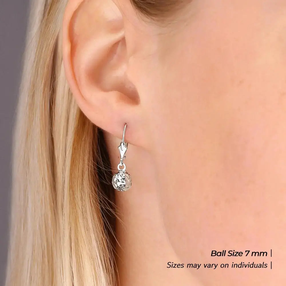 Stunning 14K White Gold Hand Engraved Diamond-Cut Round Ball Dangle Earrings with Secure French Leverbacks.