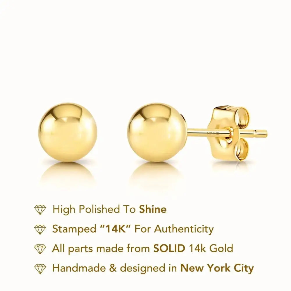 Stunning 14K Yellow Gold Ball Stud Earrings - Unisex Design with Secure Butterfly Pushbacks - Available in 3mm to 8mm Sizes.