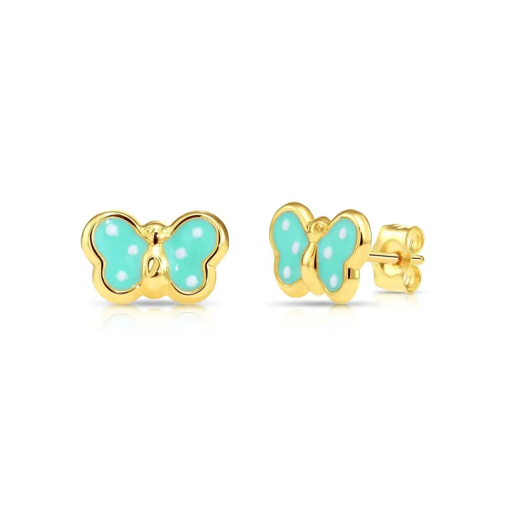 Stunning 14K Yellow Gold Butterfly Poke-A-Dot Enamel Stud Earrings with Pushback Closure.