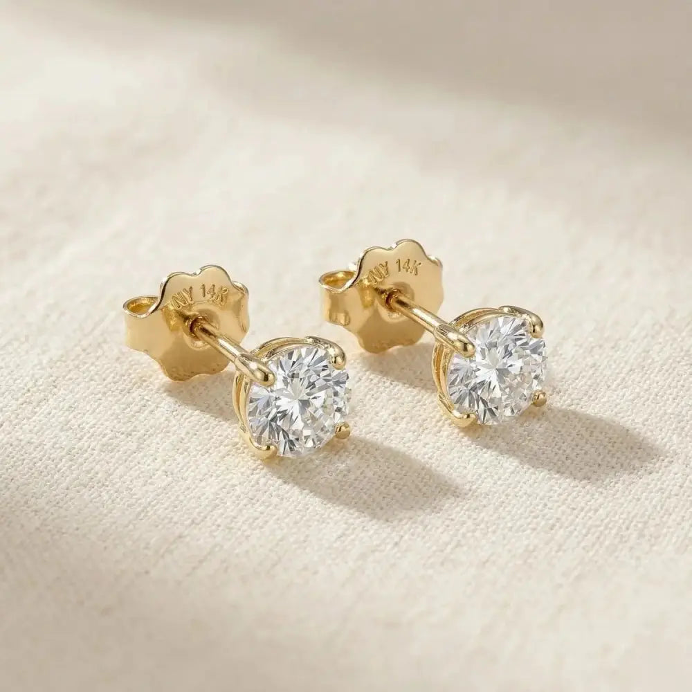 Stunning 14K Yellow Gold Classic Solitaire Simulated Diamond Studs with Secure Screwback.