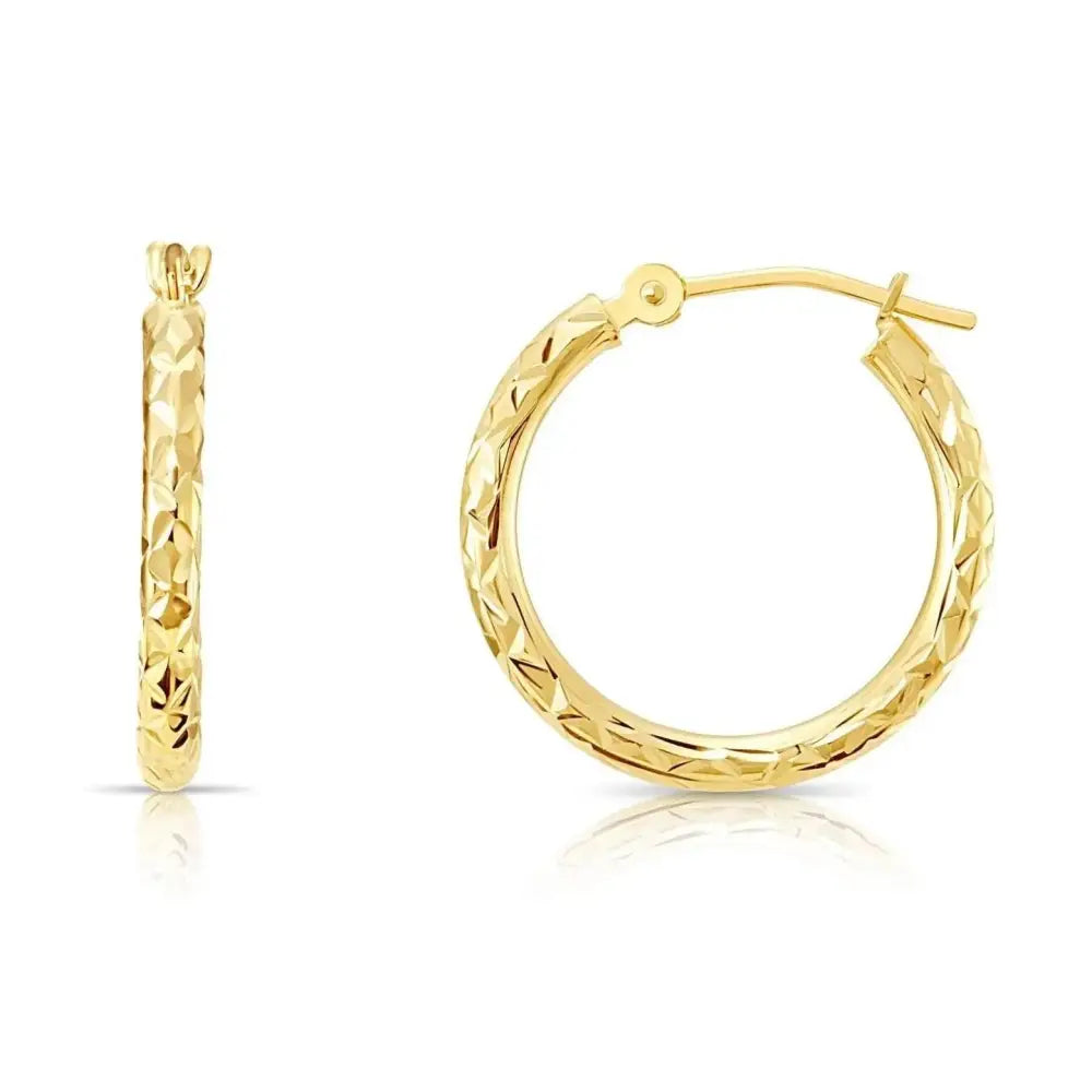 Stunning 14K Yellow Gold Diamond-Cut Hand Engraved "X-Pattern" Round Hoop Earrings - Available in Small, Medium, and Large by TILO Jewelry.