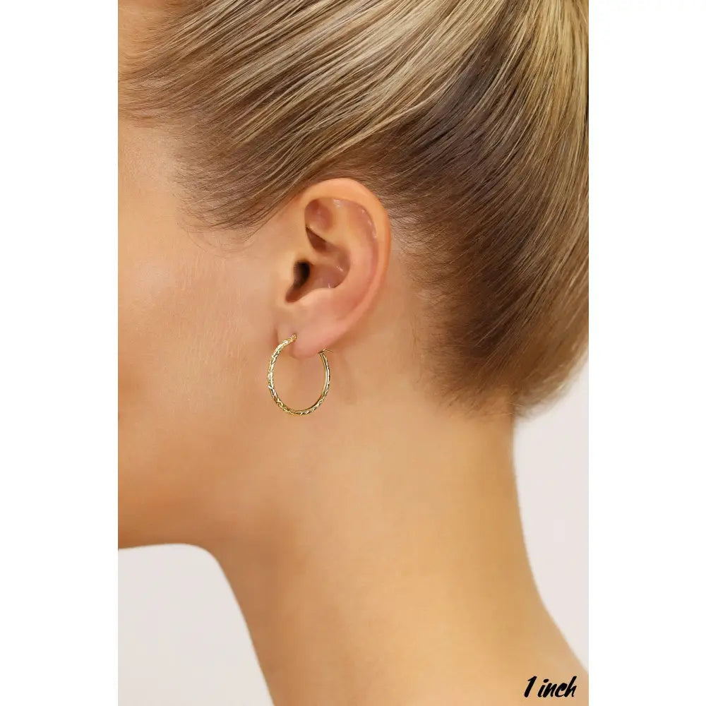 Stunning 14K Yellow Gold Diamond-Cut Hand Engraved "X-Pattern" Round Hoop Earrings - Available in Small, Medium, and Large by TILO Jewelry.