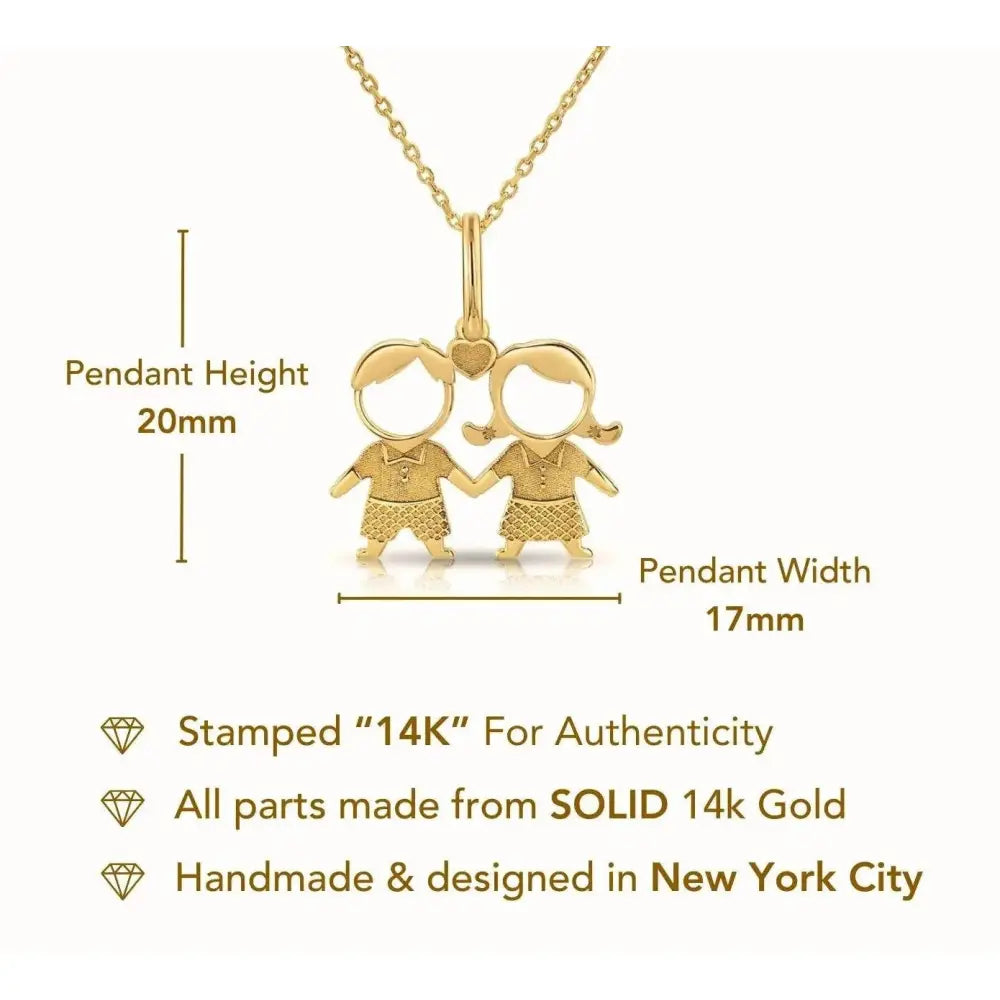Stunning 14K Yellow Gold Heart Pendant Necklace Featuring Adorable Boy & Girl Design