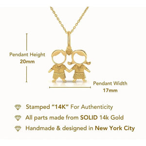 Stunning 14K Yellow Gold Heart Pendant Necklace Featuring Adorable Boy & Girl Design