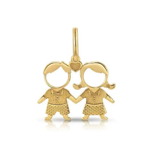 Stunning 14K Yellow Gold Heart Pendant Necklace Featuring Adorable Boy & Girl Design.