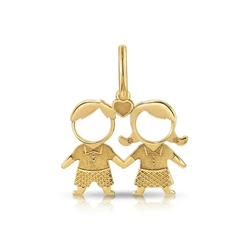 Stunning 14K Yellow Gold Heart Pendant Necklace Featuring Adorable Boy & Girl Design.