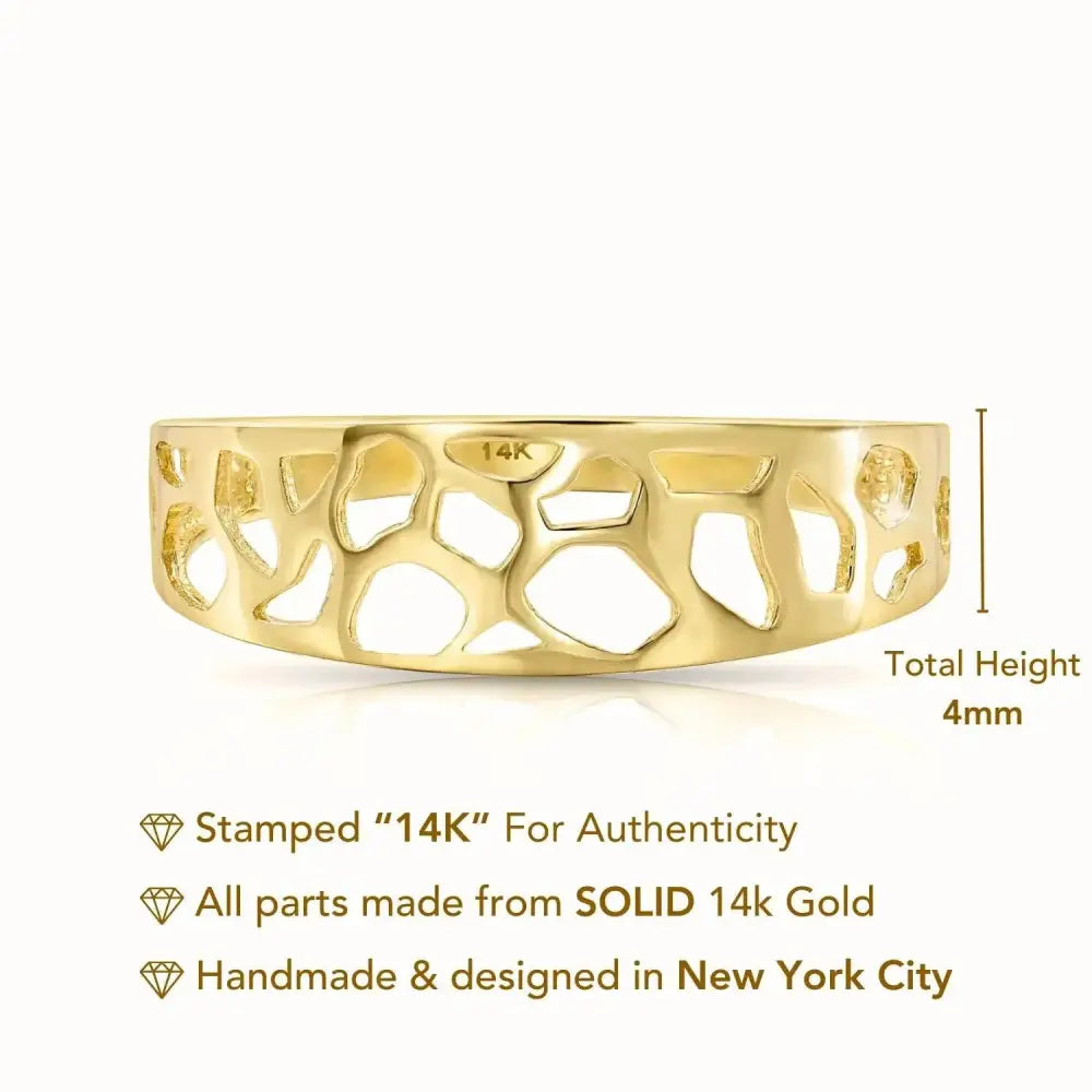 Stunning 14K Yellow Gold Openwork Ring with Unique Artistic Design – Perfect Statement Gift for Her Birthdays & Everyday Elegance.