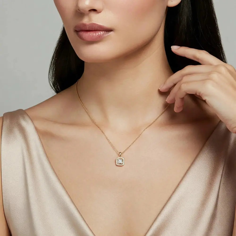 Stunning 14K Yellow Gold Princess-Cut Halo Pendant Necklace.