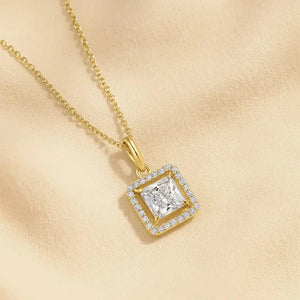 Stunning 14K Yellow Gold Princess-Cut Halo Pendant Necklace.