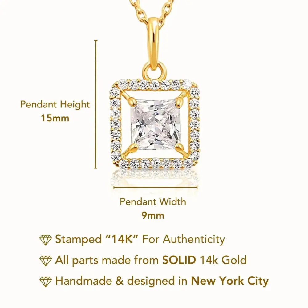 Stunning 14K Yellow Gold Princess-Cut Halo Pendant Necklace.