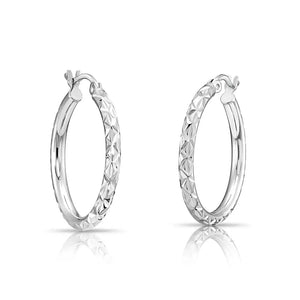 Stunning 925 Sterling Silver Hand Engraved Diamond Cut X-Pattern Round Hoop Earrings.