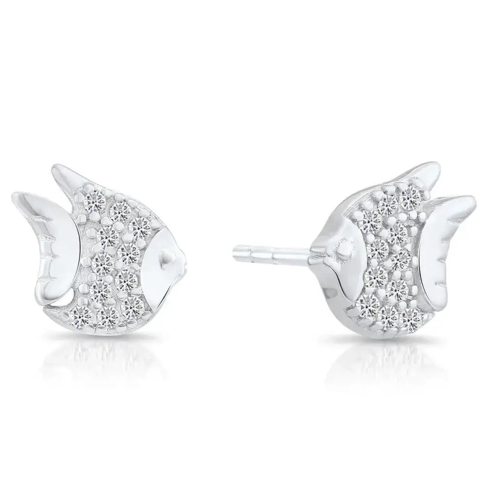 Stunning CZ Angel Fish Sterling Silver Stud Earrings.