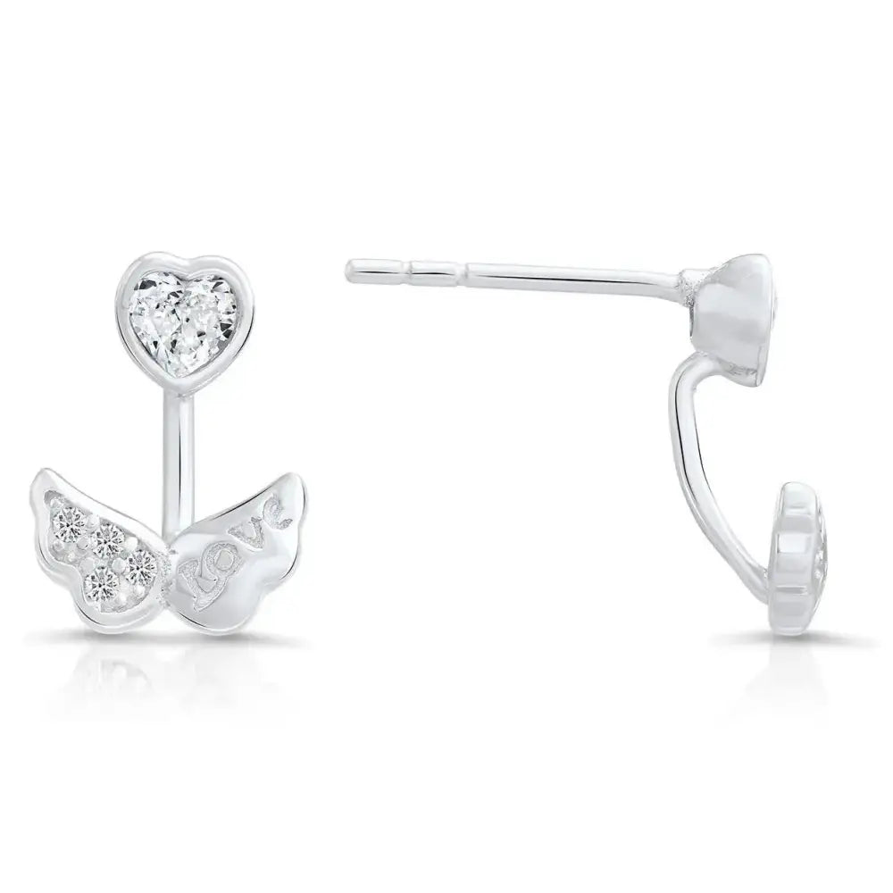 Stunning CZ Angel Wing Love Stud Earrings in Elegant Sterling Silver.