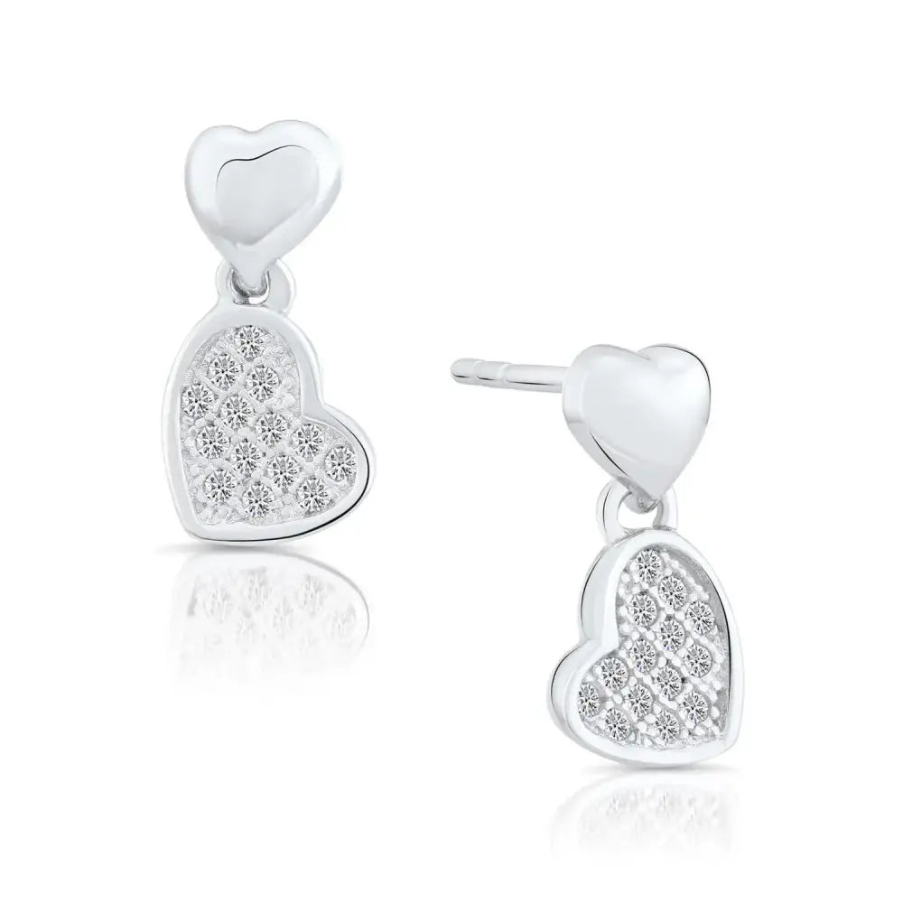 Stunning CZ Double Heart Dangle Stud Earrings in Elegant Sterling Silver.