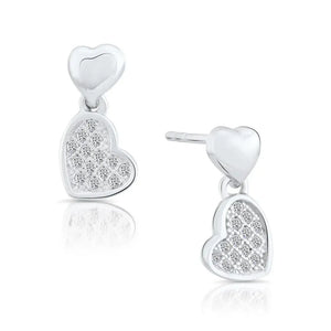 Stunning CZ Double Heart Dangle Stud Earrings in Elegant Sterling Silver.