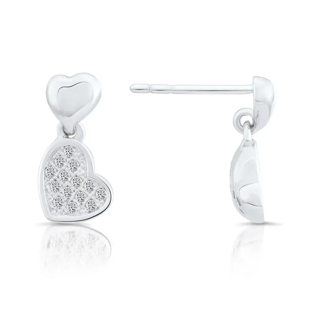Stunning CZ Double Heart Dangle Stud Earrings in Elegant Sterling Silver.