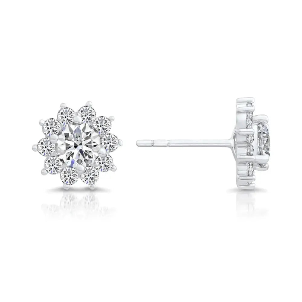 Stunning CZ Sunflower Halo Stud Earrings in Elegant Sterling Silver.