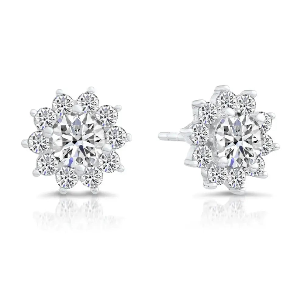 Stunning CZ Sunflower Halo Stud Earrings in Elegant Sterling Silver.
