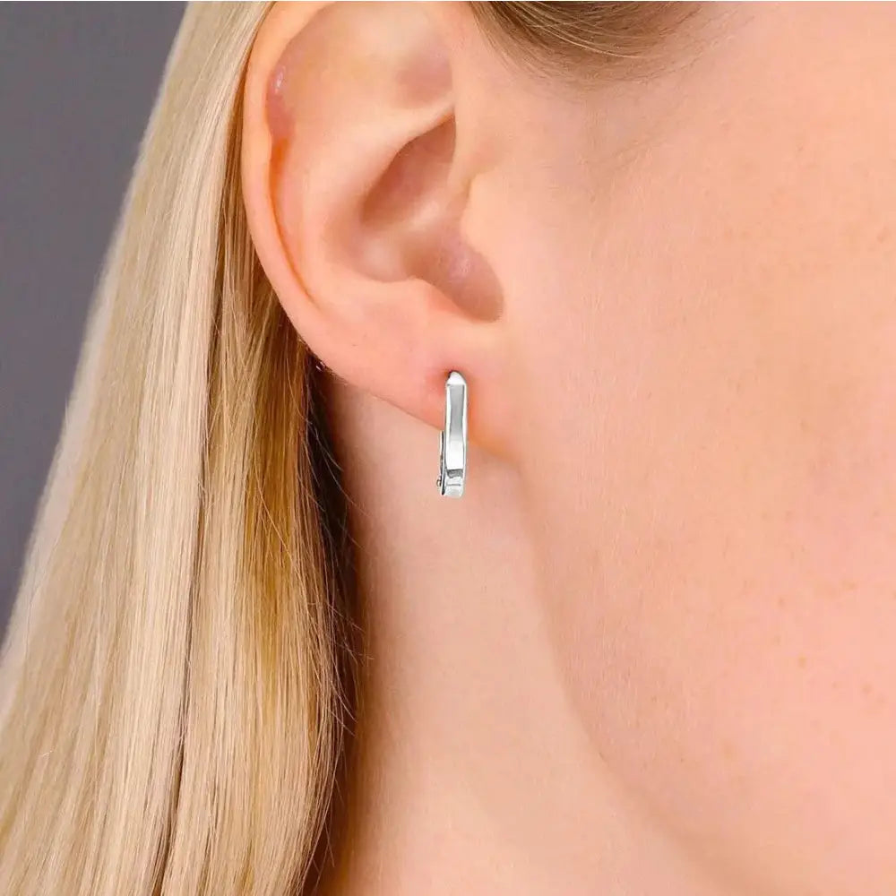 Stunning Handmade 14K White Gold Shiny Oval Huggie Hoop Earrings.