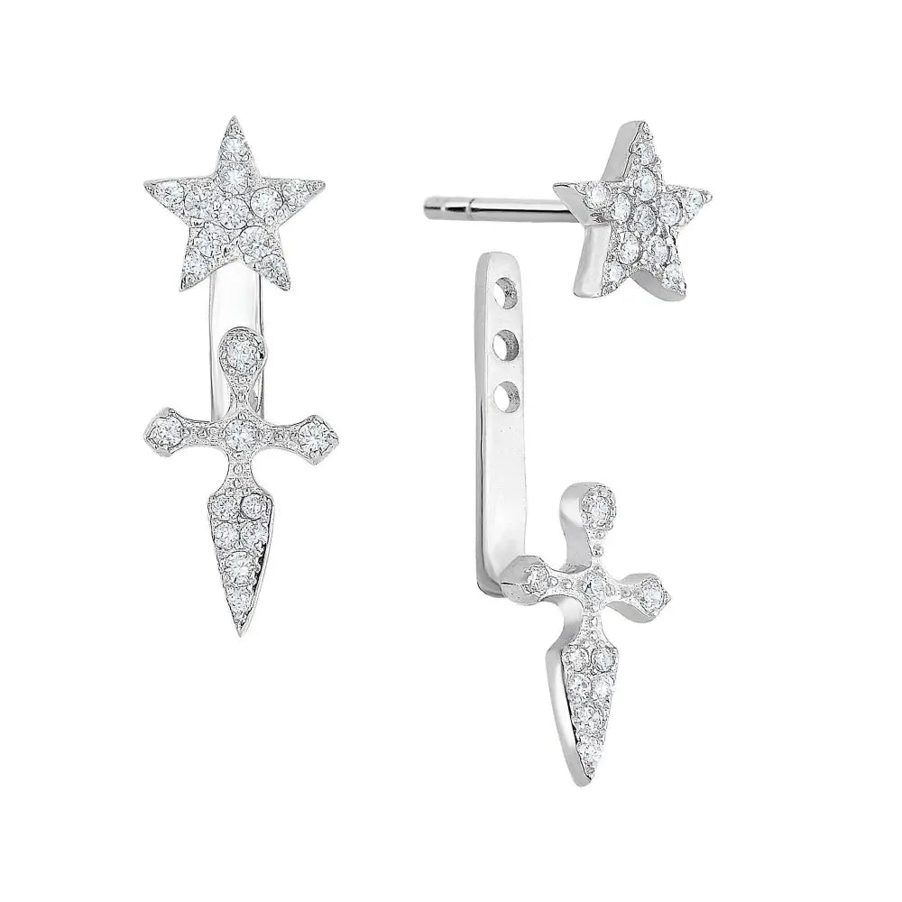 Stunning Sterling Silver CZ Ear Jacket Double Star & Cross Stud Earrings.