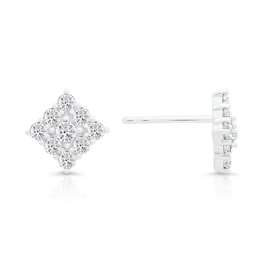 Stylish CZ Square Stud Earrings in Sterling Silver – Unisex Diamond Shape Design.