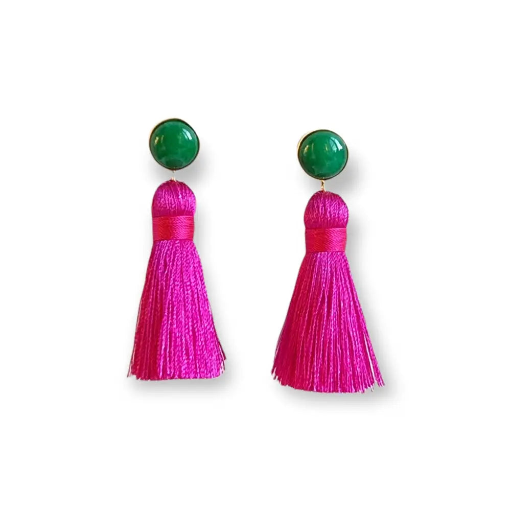 Tassel Earrings PINK with Green Jade, 925 Silver | 1 Pair